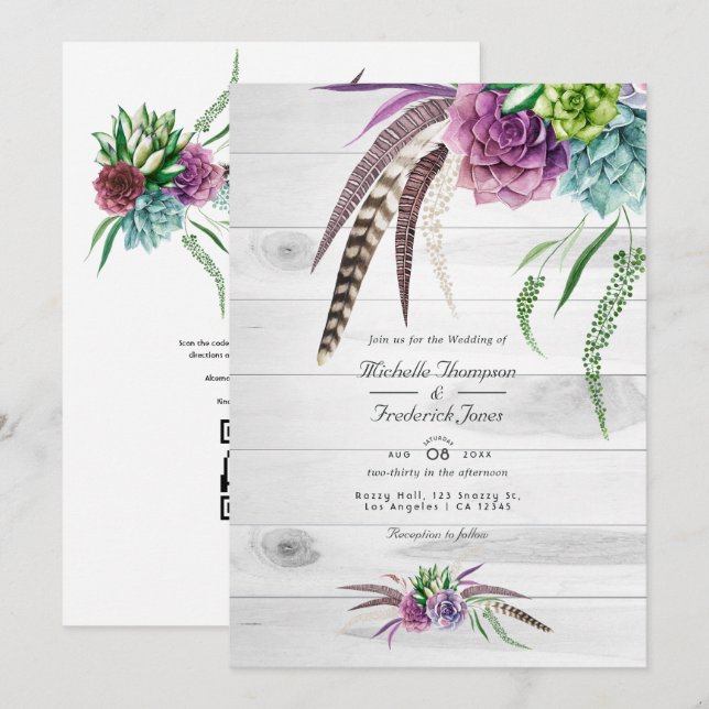 Invitation Code QR de succulentes à l'aquarelle Mariage bohèm (Devant / Derrière)