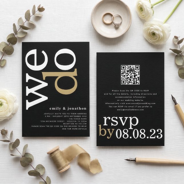 Invitation Code QR de typographie moderne mariage noir or bla (Créateur téléchargé)