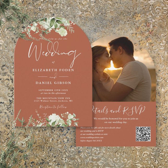 Invitation Code QR de verdure en terre cuite Photo Arch Maria (Terracotta Greenery QR Code Photo Arch Wedding Invitation)