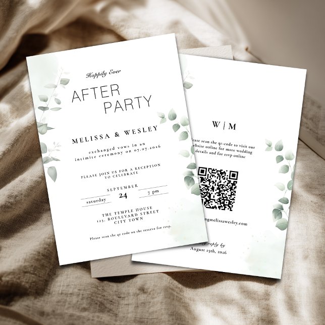 Invitation Code QR de verdure Mariage Party « Pour toujours h (Happy ever after party wedding reception invitation with greenery eucalyptus details.)