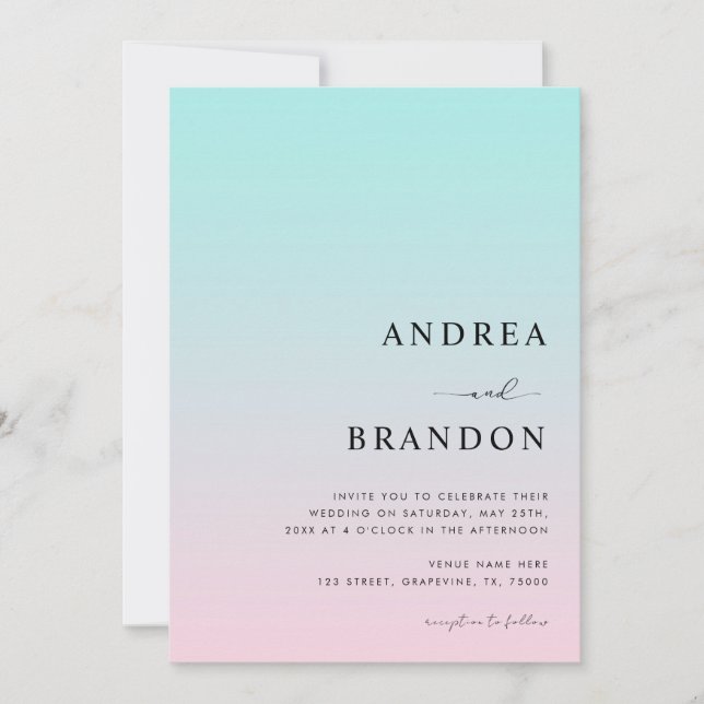 Invitation Code QR dégradé bleu rose RSVP tout en un Mariage (Devant)