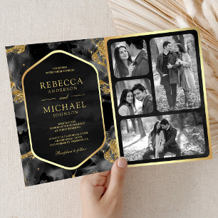 Invitation Code QR d'encre fluide abstrait or charbon mariage