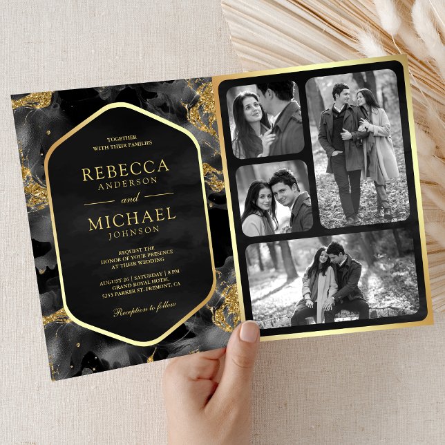 Invitation Code QR d'encre fluide abstrait or charbon mariage (Créateur téléchargé)