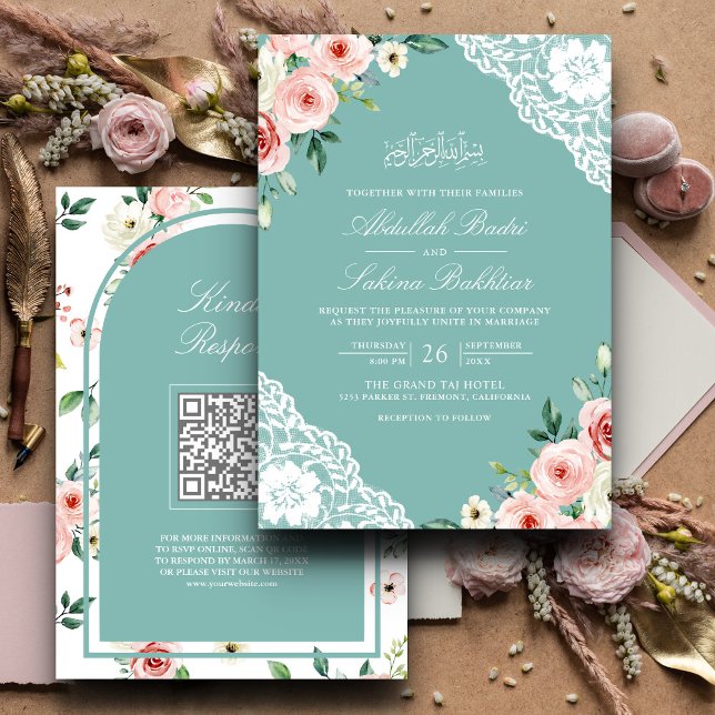 Invitation Code QR dentelle sarcelle menthe florale rose mari (Créateur téléchargé)