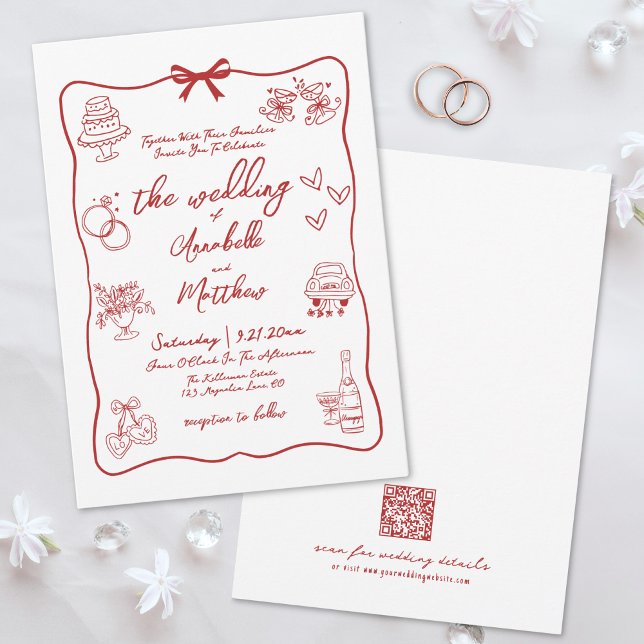 Invitation Code QR Dessiné à la Main Rouge Mariage Fantaisist (Hand Drawn QR Code Red Whimsical Wedding Invitation)