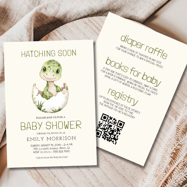 Invitation Code QR Dinosaur Hatching Bientôt Baby shower (Créateur téléchargé)