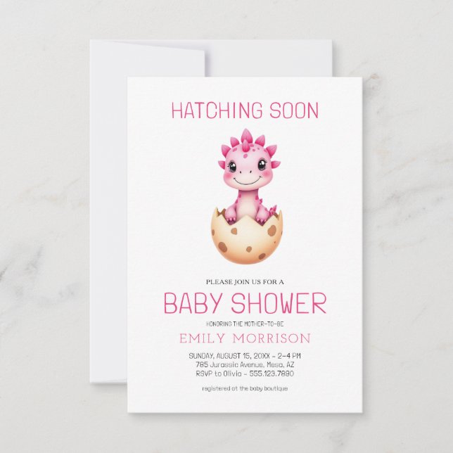 Invitation Code QR Dinosaure Rose Bientôt Baby Shower (Devant)