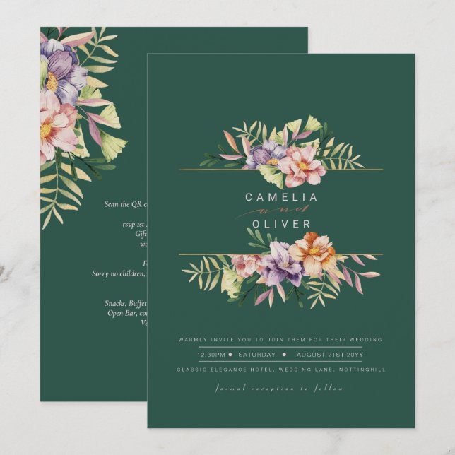 Invitation Code QR d'invitation de mariage floral d'été vert (Devant / Derrière)