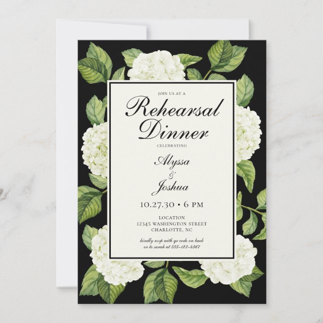 Invitation Code QR du dîner de répétition aux hortensias blan (Devant)
