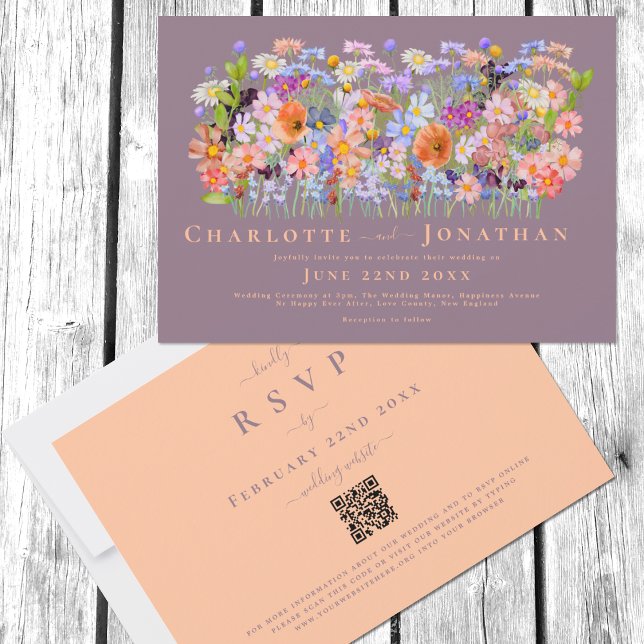 Invitation Code QR du Mariage Boho Fleur sauvage coloré (Colorful Wildflower meadow boho peach fuzz wedding invitation with QR Code online RSVP)