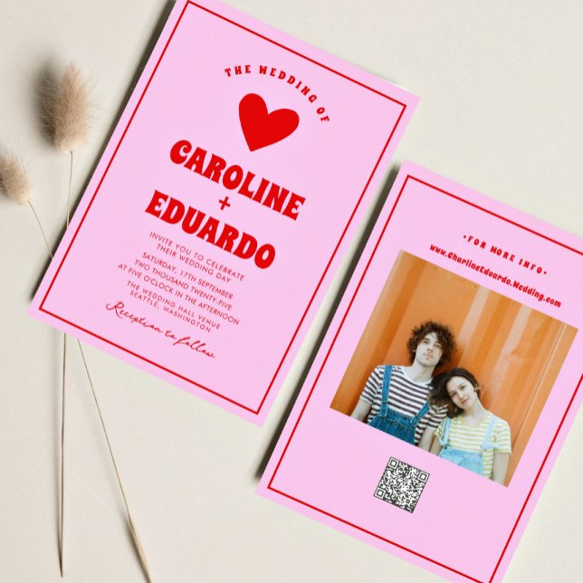 Invitation Code Qr du Mariage de Boho rouge rose rétro (Créateur téléchargé)