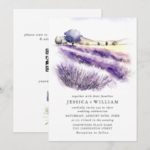 Invitation Code QR du Mariage de champ de fleurs de lavande a