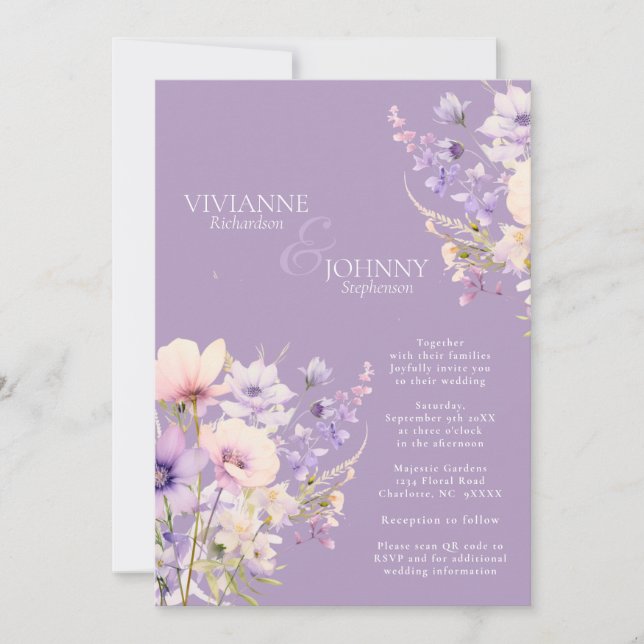 Invitation Code QR du Mariage de lavande de jardin Fleurs sau (Devant)