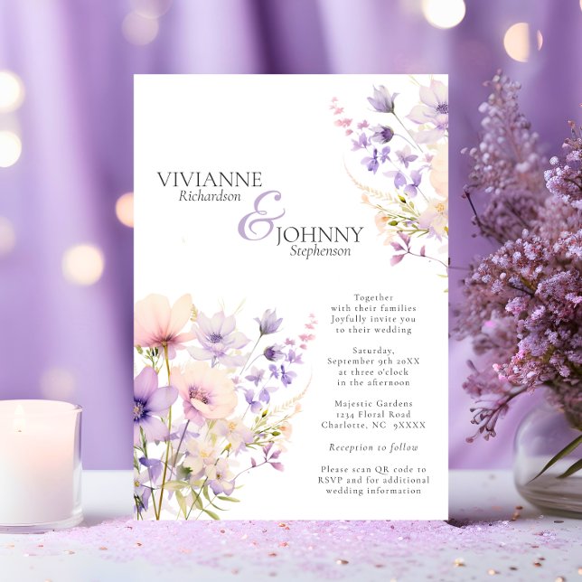 Invitation Code QR du Mariage de lavande de jardin Fleurs sau (Garden Wildflowers Lavender Wedding QR code Invitation)