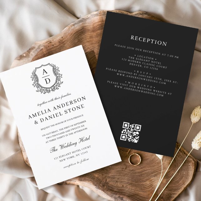 Invitation Code QR du Mariage de monogramme de la crête flora (Créateur téléchargé)