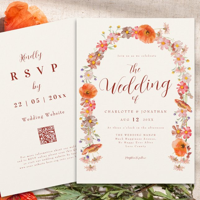 Invitation Code QR du Mariage Fleur sauvage Boho (Elegant boho wildflower arch wedding qr code invitation )