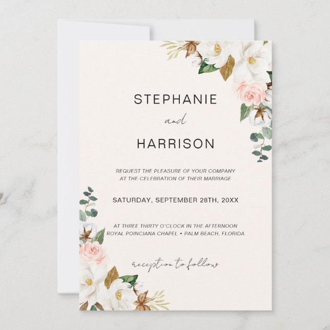 Invitation Code QR du Mariage Floral Blanc et Blush Magnolia (Devant)