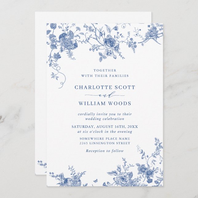 Invitation Code QR du Mariage Floral Bleu de Victoria (Devant / Derrière)