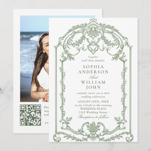 Invitation Code QR du Mariage vert de l'âge floral orné de Vi (Devant / Derrière)
