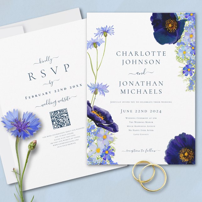 Invitation Code QR du site web de mariage rustique aux fleurs (Elegant wildflower watercolor summer floral blue wedding invitation with online rsvp QR code)