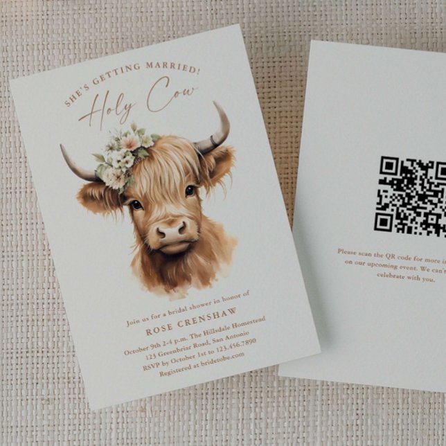 Invitation Code QR élégant Boho Highland Cow pour une Baby Sh (Elegant Highland Cow QR code Bridal Shower Invitations.)