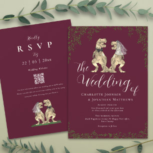 Invitation Code QR élégant de mariage de dinosaure bordeaux e