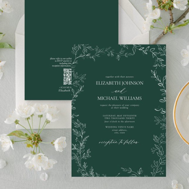 Invitation Code QR Elegant Emerald Green Minimal Mariage feui (Créateur téléchargé)