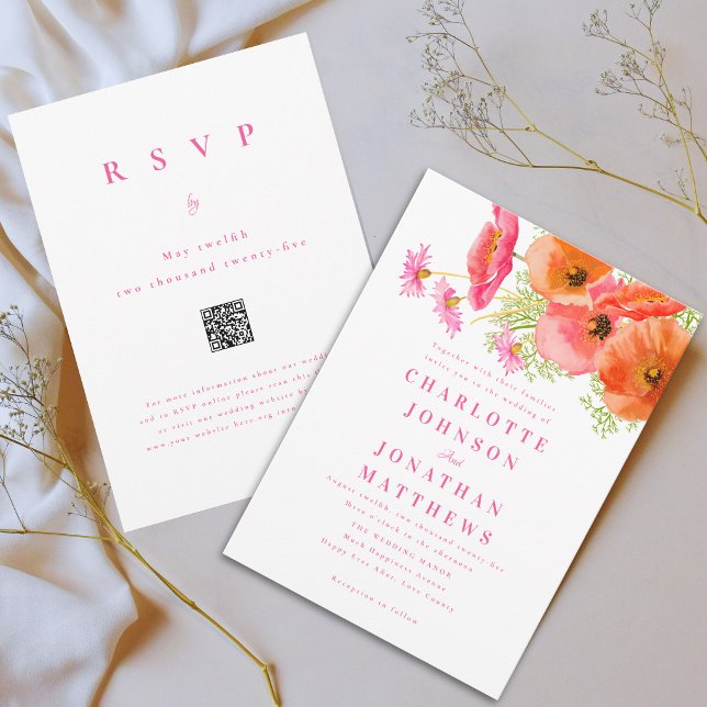 Invitation Code QR Élégant et Vibrant de Fleurs Roses et Oran (Elegant wildflower bouquet vibrant pink orange watercolor floral wedding qr code invitation)