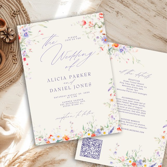 Invitation Code QR élégant fleur sauvage florale mariage (Créateur téléchargé)