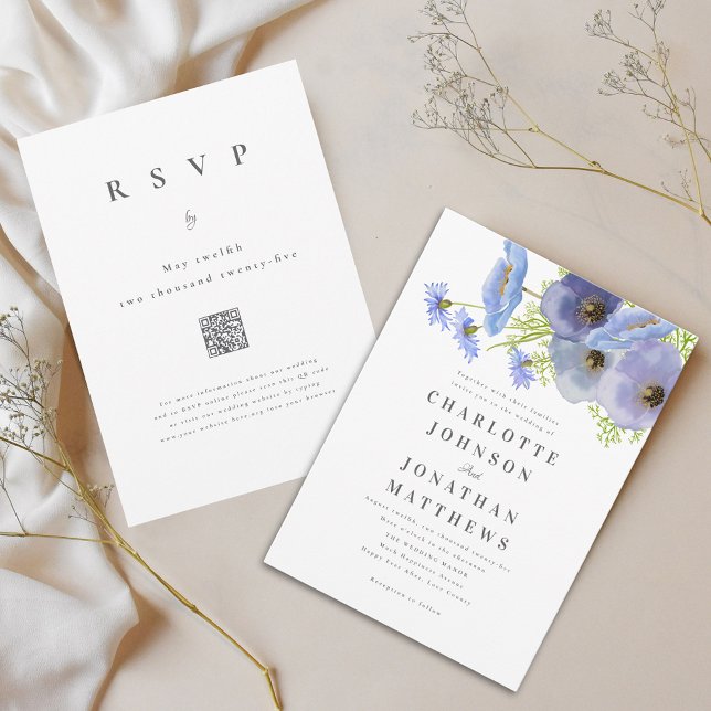 Invitation Code QR Élégant Fleurs Aquarelle Bleu Mariage (Elegant watercolor wildflower blue floral bouquet wedding QR code invitation)