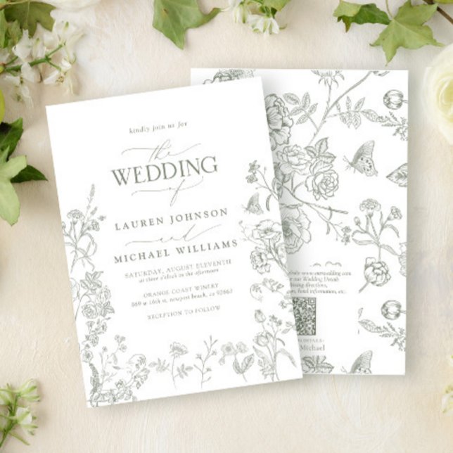 Invitation Code QR Elegant Green Chinoiserie Floral Mariage (Créateur téléchargé)