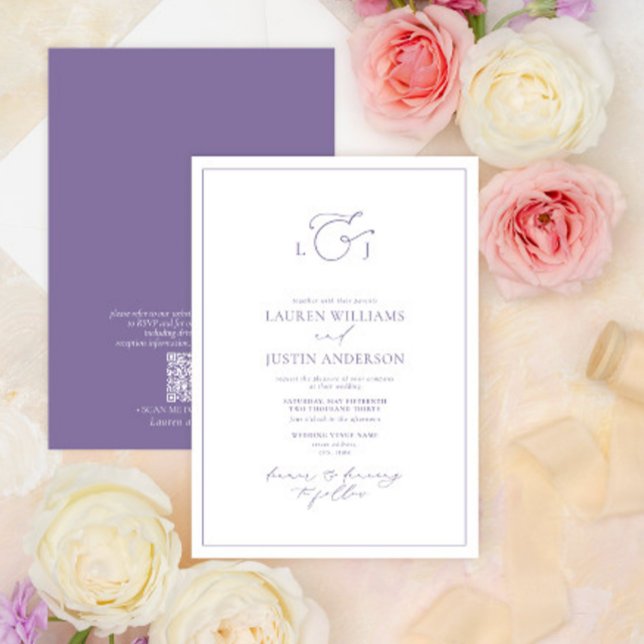 Invitation Code QR Élégant Lavender Calligraphie Monogramme (Créateur téléchargé)