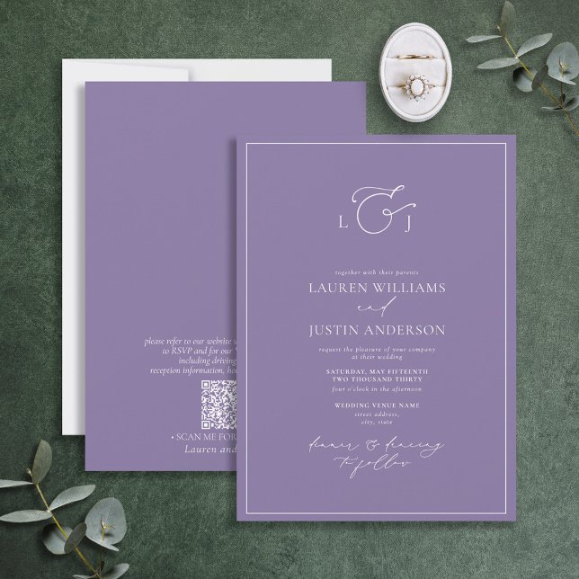 Invitation Code QR Élégant Lavender Calligraphie Monogramme (Créateur téléchargé)