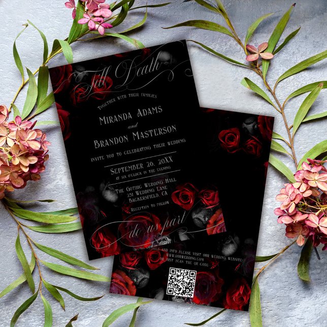 Invitation Code QR Élégant Mariage Floral Noir et Rouge (Créateur téléchargé)