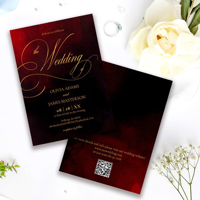 Invitation Code QR Élégant Mariage Rouge Noir Or Calligraphie (Créateur téléchargé)