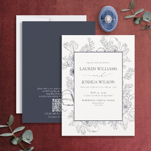 Invitation Code QR Elégant Marine Blue Floral Line Mariage d'
