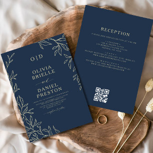 Invitation Code QR Elegant Marine Blue Gold Monogram Mariage