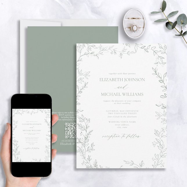Invitation Code QR Élégant minimal feuille Mariage vert (Créateur téléchargé)