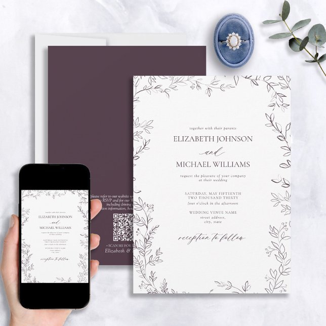 Invitation Code QR Élégant minimal feuille prune violet Maria (Créateur téléchargé)
