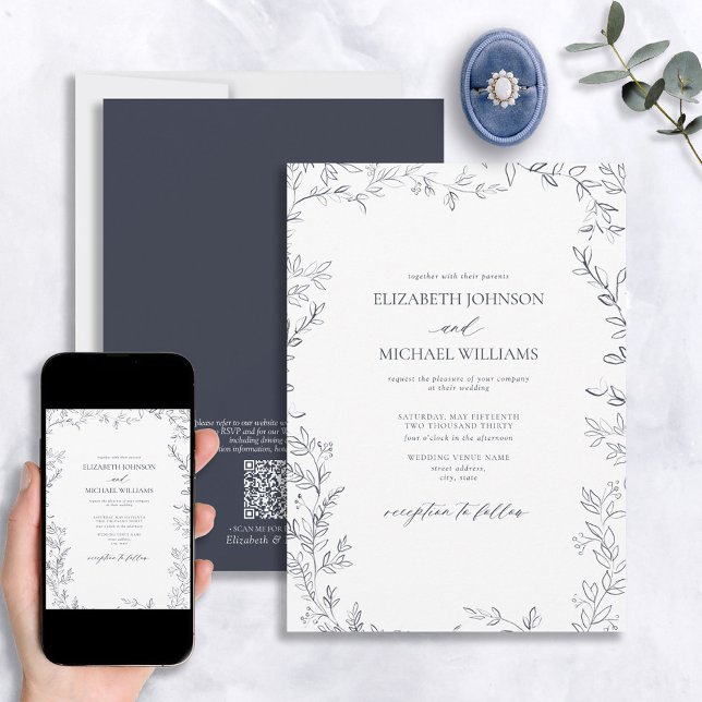Invitation Code QR Élégant minimum feuille Mariage bleu marin (Créateur téléchargé)