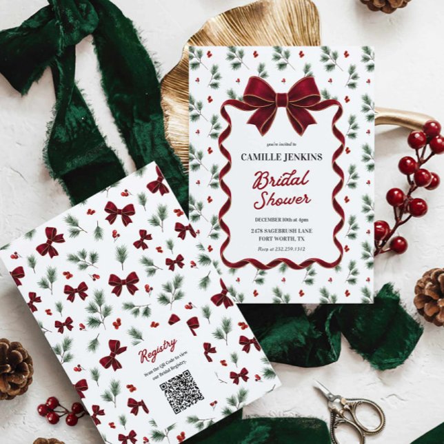 Invitation Code QR élégant pour un mariage de Noël (Christmas Red Bow Bridal Shower Invitation)