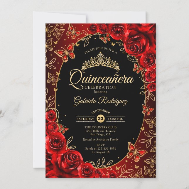 Invitation Code QR élégant Quinceanera rouge or noir (Devant)