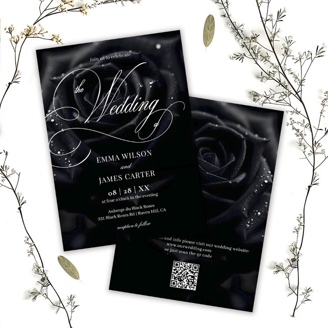 Invitation Code QR Élégant Rose de Minuit Calligraphie Mariag (Créateur téléchargé)