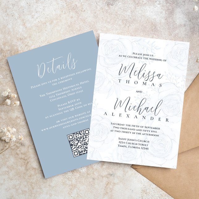 Invitation Code QR élégant RSVP en ligne Dusty Blue Floral (Elegant wedding invitations with blue floral pattern and taupe with QR Code)