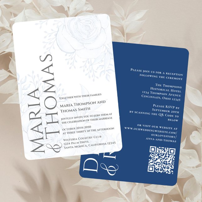 Invitation Code QR Elégant RSVP en ligne Dusty Blue Floral (Elegant blue floral wedding invitation with a modern typography and QR Code. )