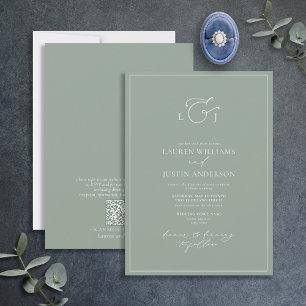 Invitation Code QR Élégant Sage Green Calligraphie Monogramme