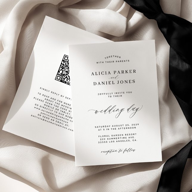 Invitation CODE QR élégant simple mariage noir et blanc (Créateur téléchargé)