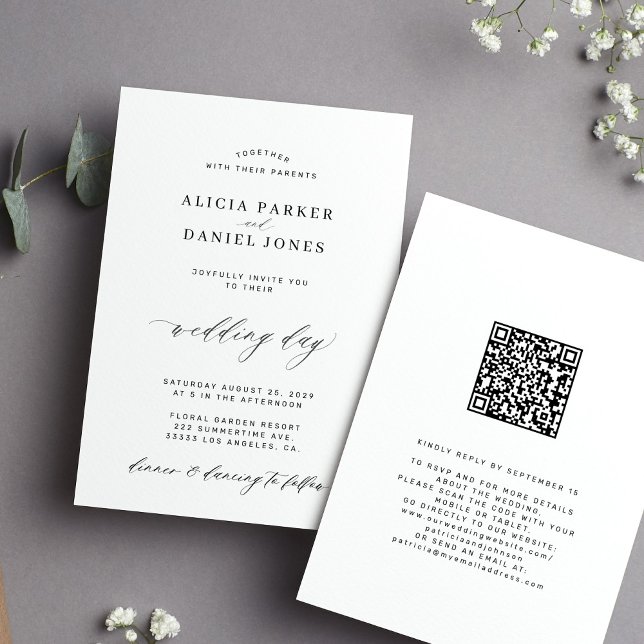 Invitation CODE QR élégant simple mariage noir et blanc (Créateur téléchargé)