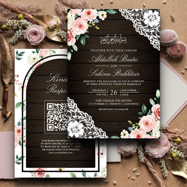Invitation Code QR en bois de grange à dentelle florale rose  (Créateur téléchargé)