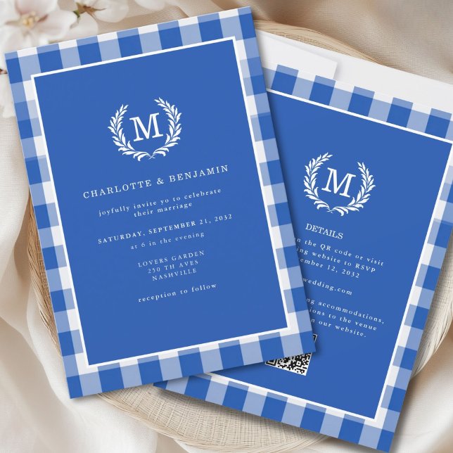 Invitation Code QR En vichy monogramme bleu (Blue Gingham Monogram Crest QR Code Invitation for Details and RSVP. )